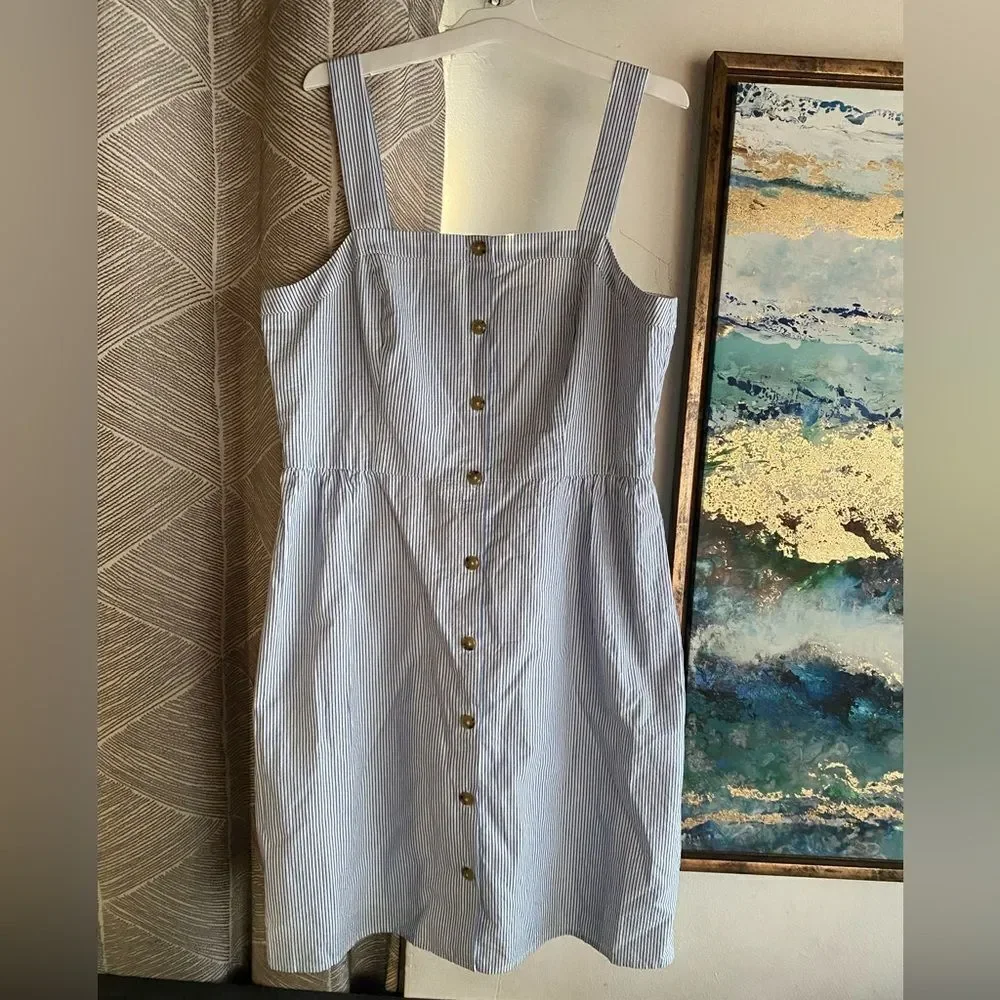 J Crew  Button Front Dress Sz 12  Seersucker Stripe White/Blue Sleeveless NWT